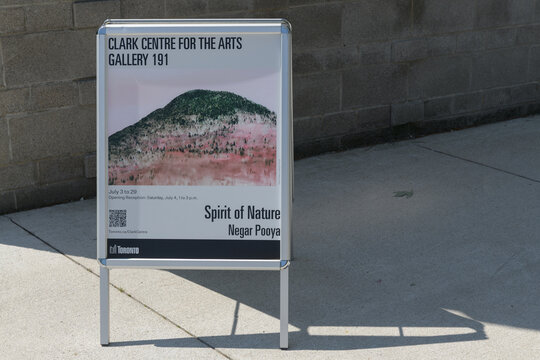a-frame with gallery poster outside Clark Centre for the Arts, 191 Guildwood Pkwy, Scarborough, Toronto