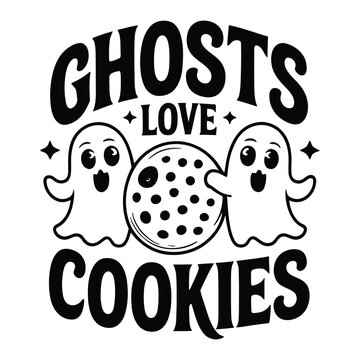Cute cartoon ghosts with large eyes holding a polka dotted cookie with text overlay saying ghosts love cookies