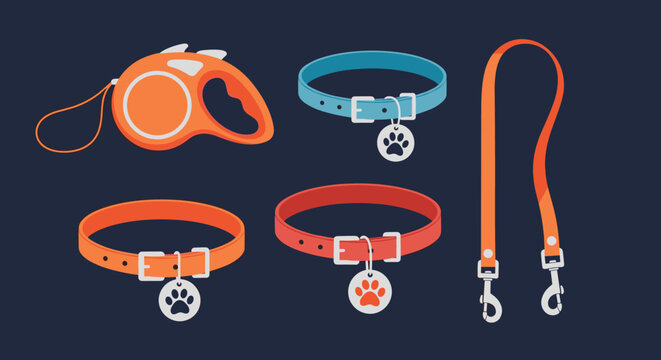 Pet supply collection includes an orange retractable leash, colorful collars with silver paw print tags, and a matching fabric lead.