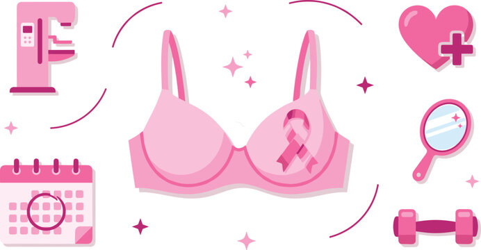 Breast cancer awareness vector set featuring pink bra with ribbon, mammogram machine, medical calendar, heart, mirror, and dumbbell for healthcare and campaign design. (24 words)