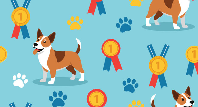 Cheerful seamless pattern with adorable corgi dogs, gold first-place medals, and colorful paw prints on a light blue background for pet lovers.
