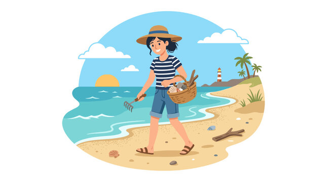 Woman beachcombing on sunny shore with basket and rake.