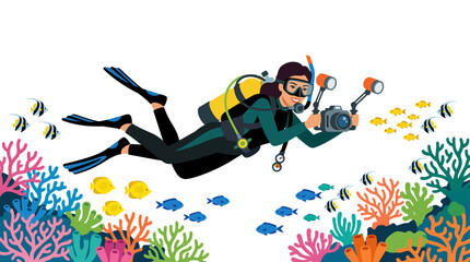 Scuba diver photographing coral reef with tropical fish. © Ferly