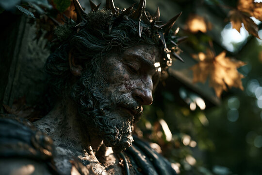 An artistic and detailed close-up photograph of a weathered stone statue with a crown of thorns, illuminated by soft sunlight filtering through autumn leaves in a quiet forest.