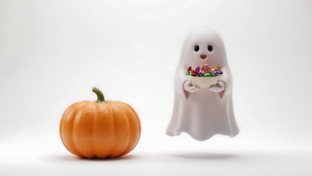 A cute little ghost figure holding a small basket of candies standing next to a bright orange pumpkin on a white background