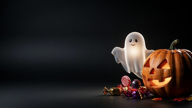 A glowing spooky ghost hovering next to a carved jack o lantern pumpkin with autumn leaves on a dark black background for halloween