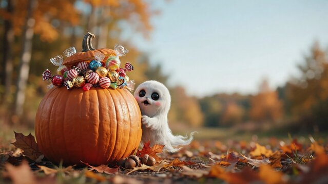A cute small ghost toy standing next to a large orange pumpkin decorated with colorful autumn flowers in a beautiful fall forest setting