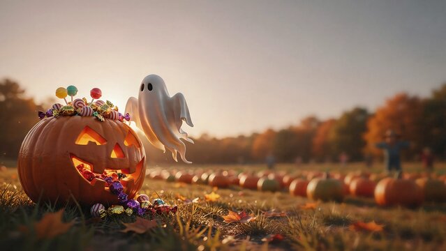 A magical white owl perched near a glowing carved jack o lantern in a vast pumpkin patch during a beautiful golden autumn sunset