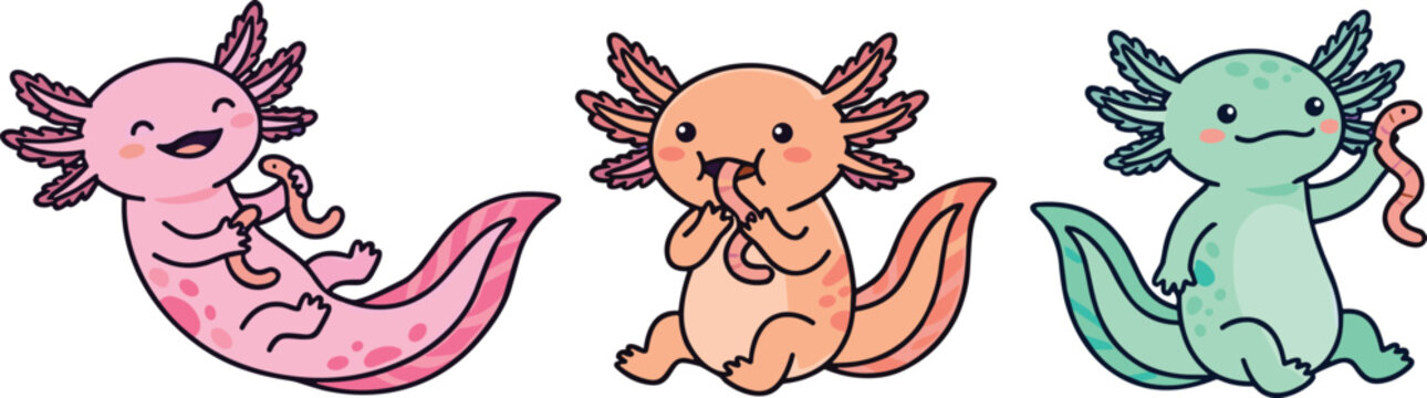 Cute Pink Orange and Green Cartoon Axolotl Characters Swimming and Eating Pink Worms Vector Illustration Set for Kawaii Kids Pattern and Sticker DesignsCute Pink Orange and Green Cartoon Axolotl Chara
