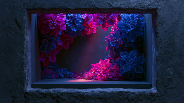 A minimalist product display niche carved into a dark stone wall, featuring vibrant neon pink and blue bioluminescent tropical leaves and moody cinematic lighting.