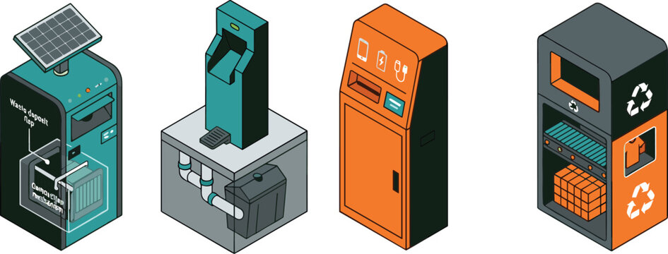 Isometric vector illustration set of smart city urban infrastructure waste management systems and public charging station