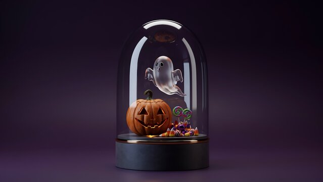 A small carved jack o lantern pumpkin and a ghost figure displayed inside a glass cloche on a dark purple background for halloween