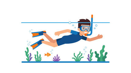 Boy snorkeling underwater with tropical fish and coral reef. © firman