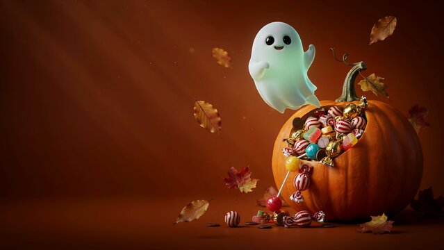 A cute little ghost floating above a carved jack o lantern pumpkin surrounded by falling autumn leaves on a warm brown background