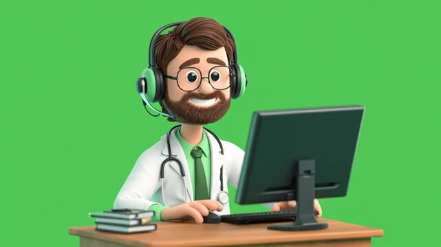 A 3D doctor sitting in front of a computer. The doctor is wearing glasses, a white coat, and a green tie, and is equipped with a green headset and microphone. He is typing on the keyboard.