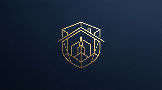 Golden shield geometric logo representing architecture and real estate development with architecture building geometric construction property