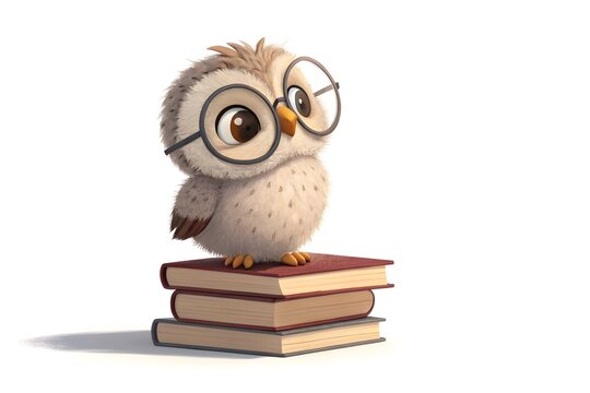 Cartoon owl with glasses sitting on stack of books