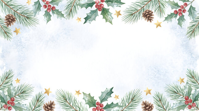 Watercolor Christmas border with pine branches and holly berries, festive winter botanical frame, elegant holiday greenery background for greeting cards