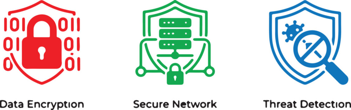 cyber security icon set featuring three unique cybersecurity designs arranged side by side on a pure white background