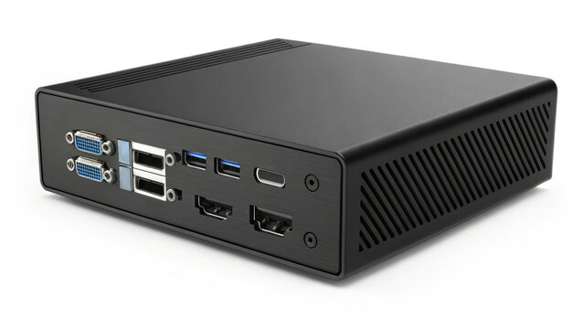 A compact black mini PC with various ports on the back, including VGA, USB, HDMI, and Ethernet