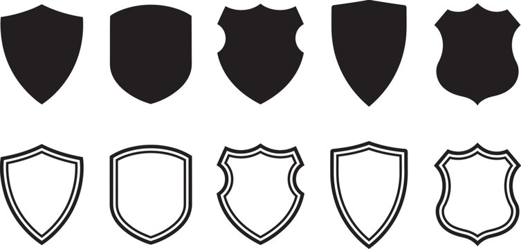 Set of various shield shapes in solid black and outline style for design projects