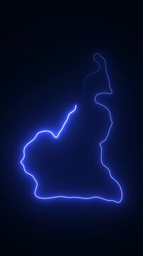 Neon glowing outline map of cameroon, pulsing blue light silhouette on dark background
