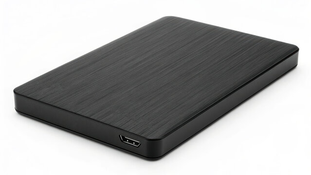 Portable external hard drive with brushed metal finish and USB port