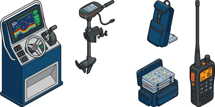 Professional isometric boat electronics and fishing gear set with fish finder trolling motor and tackle storage