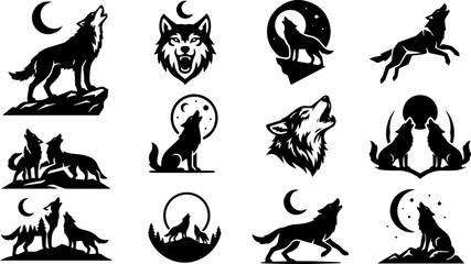Obraz premium Wolf howling at moon vector icon set, black silhouette wolf head and animal mascot collection, wild predator wildlife illustrations