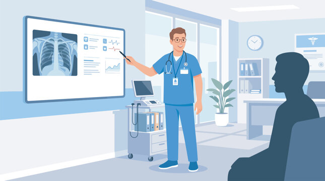 Medical professional explaining chest xray results to a patient during a consultation in hospital office