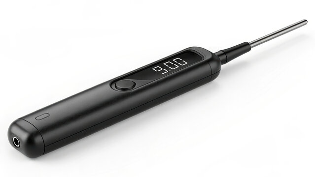 A digital thermometer with a stainless steel probe and a black handle, displaying a temperature reading on its screen