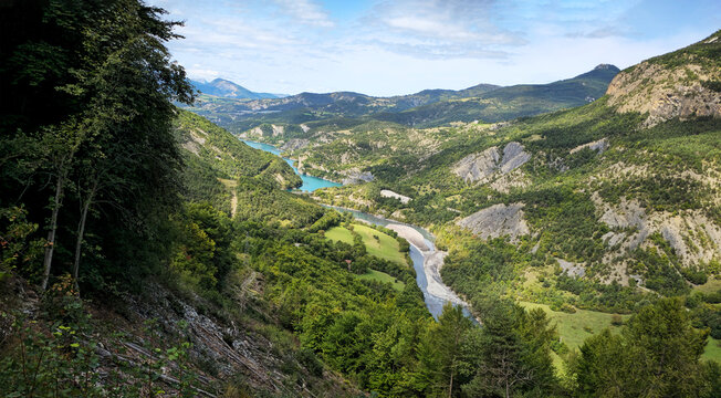 Ubaye Valley panorama with Lac de Serre-Poncon in the background, Alpes-de-Haute-Provence, France, Europe.