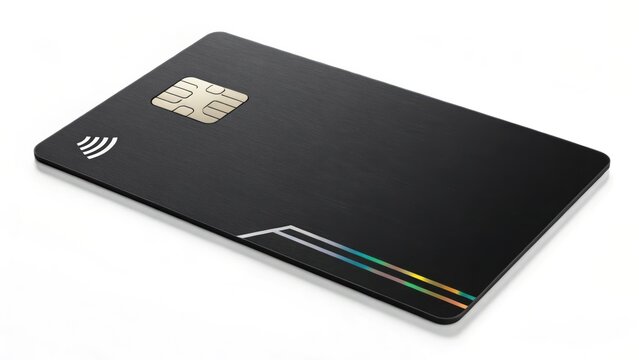 A modern black credit card with a chip and contactless payment symbol, featuring a sleek design