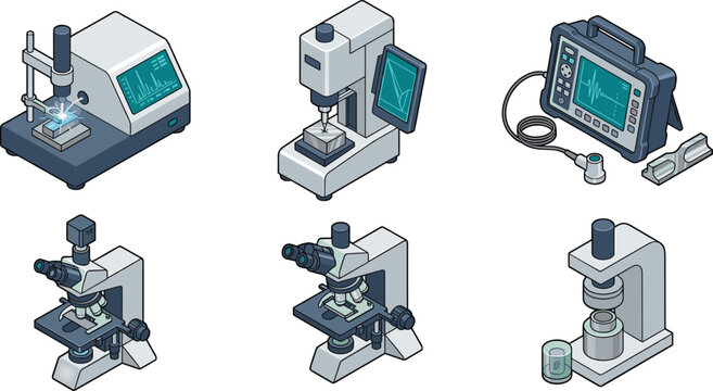 Professional set of isometric laboratory equipment icons for scientific research and industrial quality testing