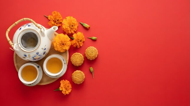Mid autumn festival tea set mooncakes traditional chinese celebration still life