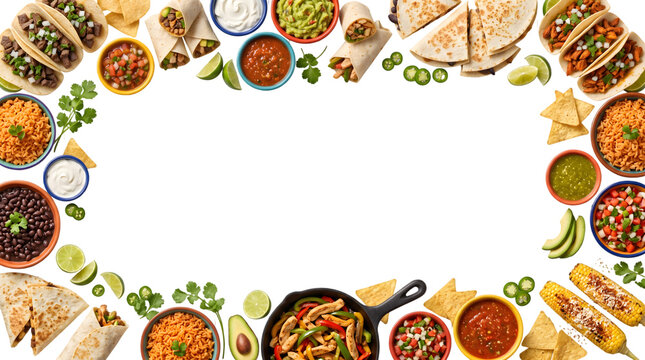 Mexican food border frame with tacos and fiesta favorites on transparent background