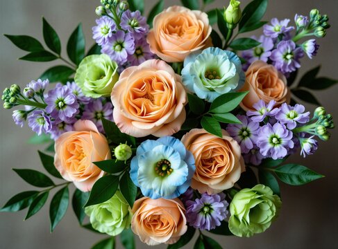 Top view of colourful floral arrangement with pastel roses, purple matthiola flowers. Fresh blossoms bouquet features soft peach, light blue petals with green leaves. Elegant spring plants create