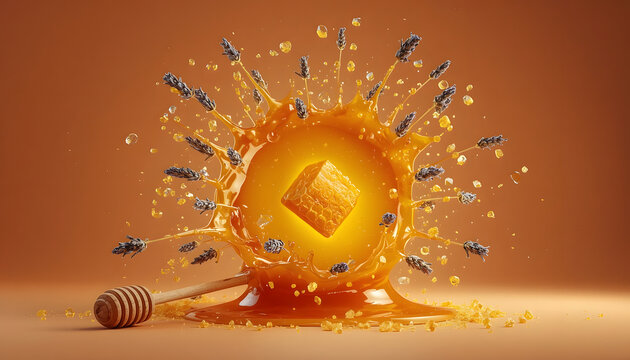 Golden honey explosion with dripping liquid and flying droplets. 3D render of viscous syrup burst for food styling and culinary advertising.