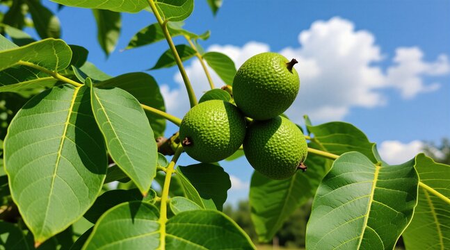 Green unripe walnuts grow on tree branch with large leaves. Bright summer sun shines on fresh fruit at blue sky background with white clouds. Organic nut farm harvest season begins in rural garden