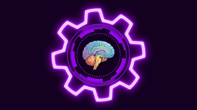 Glowing purple neon gear with spinning HUD interface and human brain model symbolising artificial intelligence, machine learning, and cognitive technology processes.