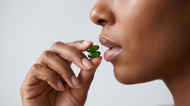 Close-up of a person with dark skin taking two green capsules or pills, demonstrating health and wellness.
