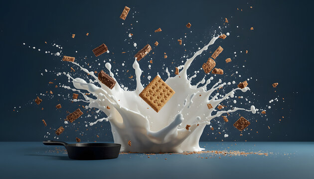 Splashing waffle explosion with syrup and crumbs. Dynamic food burst captured in high-speed 3D render for commercial use.