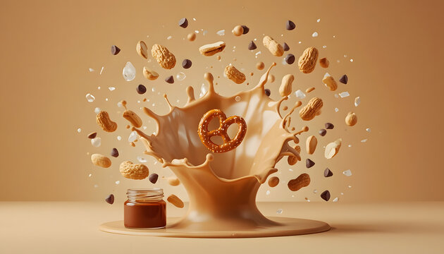 Chocolate bar pieces exploding in mid-air. Rich cocoa fragments bursting from broken candy bar in slow motion.