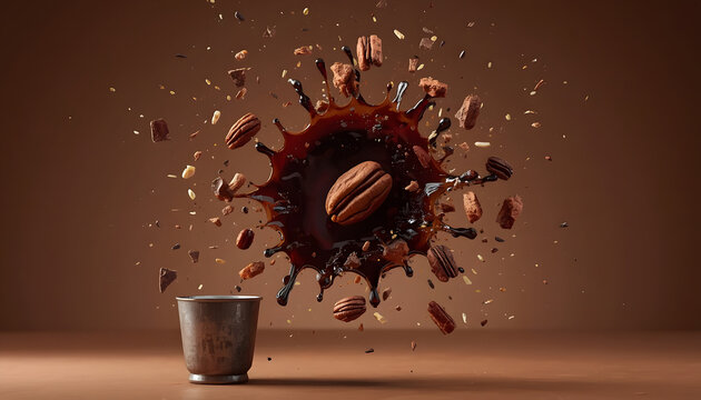 Gourmet chocolate truffle explosion in mid-air. Luxury dessert ingredients bursting with rich cocoa particles and gold flakes.