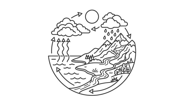 Industrial Black and White Line Drawing of the Water Cycle Process with Mountains Clouds Rain and Evaporation