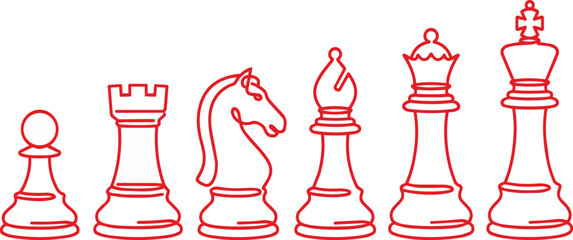 Red minimalist chess pieces line art vector graphic illustration showing full classic set on transparent background © Naseem