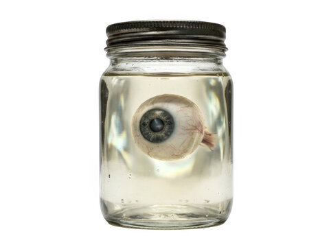 Human eyeball floating in a glass jar isolated on transparent background. Creepy biology specimen for horror design.