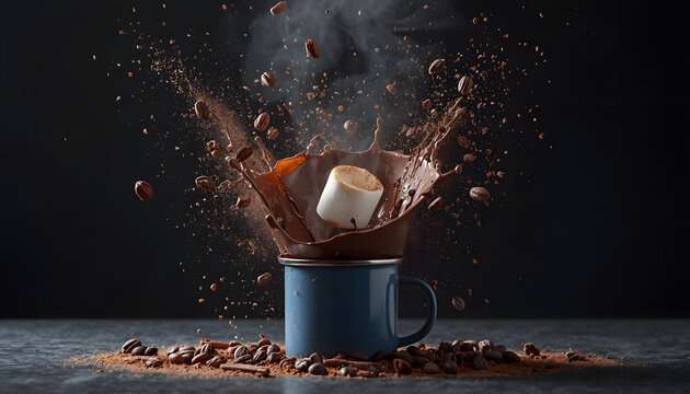 Gourmet marshmallows bursting from mug in slow-motion explosion. Fluffy white treats erupting with chocolate chips and caramel shards for food styl...