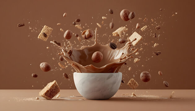 Dynamic food explosion in bowl with splashing nuts and seeds. High-speed 3D render of healthy ingredients bursting mid-air for fresh concept.