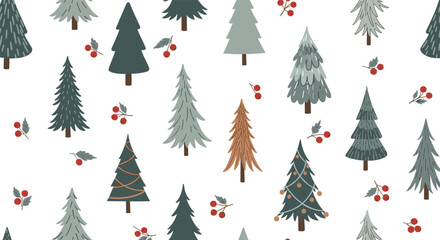 Obraz premium Elegant seamless winter pattern featuring various green and brown pine trees and red berry twigs on a white background.
